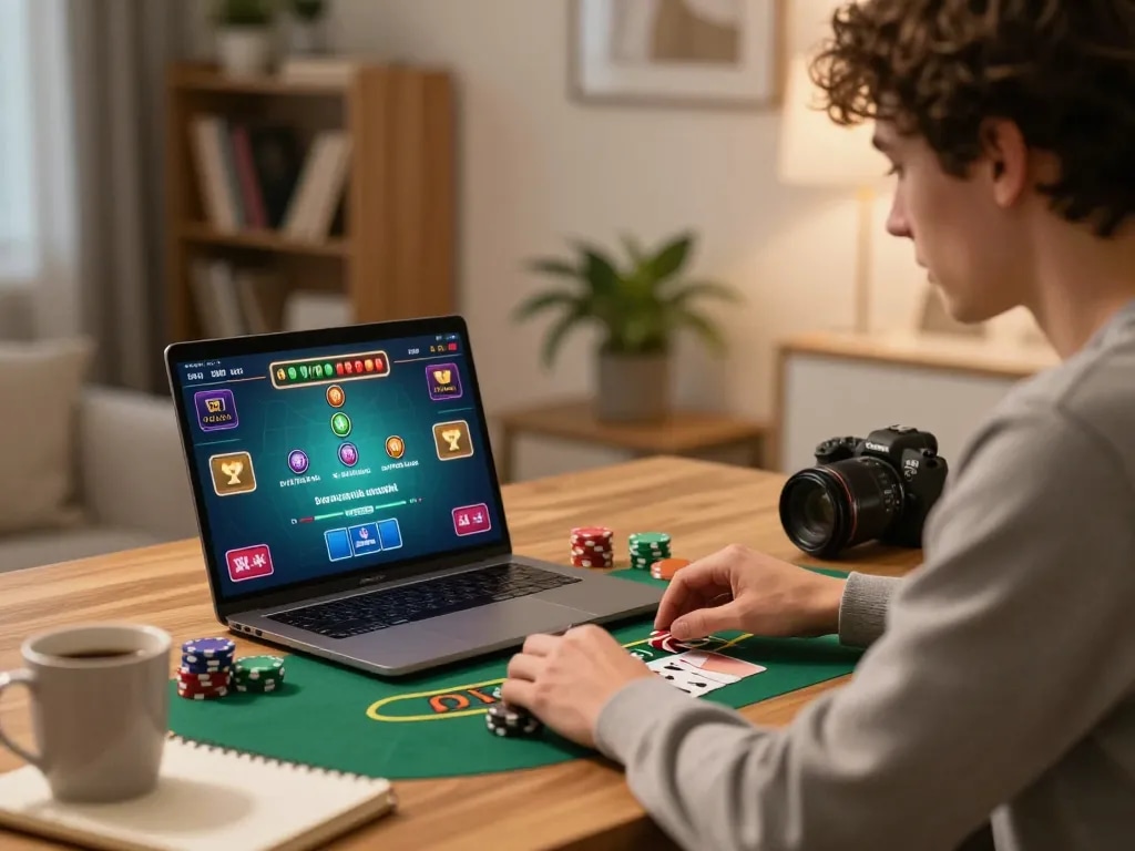 Engaging in a strategic online blackjack game with MB88 LINK at home, focused player in a cozy setup.