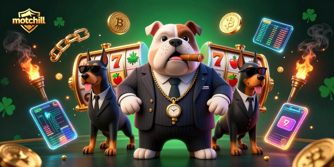 Win big with motchill's vibrant and dynamic 3D casino scene showcasing slot machines, crypto coins, and mafia characters.