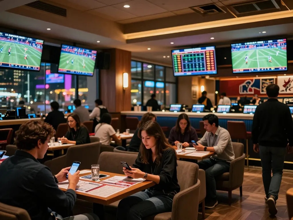 Tỷ lệ kèo nhà cái displayed on multiple screens in an elegant sports betting lounge.