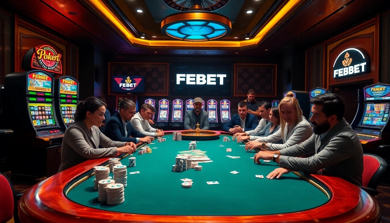 FEBET casino scene featuring excited gamblers at a poker table with vibrant slot machines.
