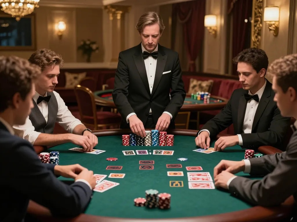 Players enjoying blackjack at 8kbet with a professional dealer, luxurious casino ambiance set for winning moments.