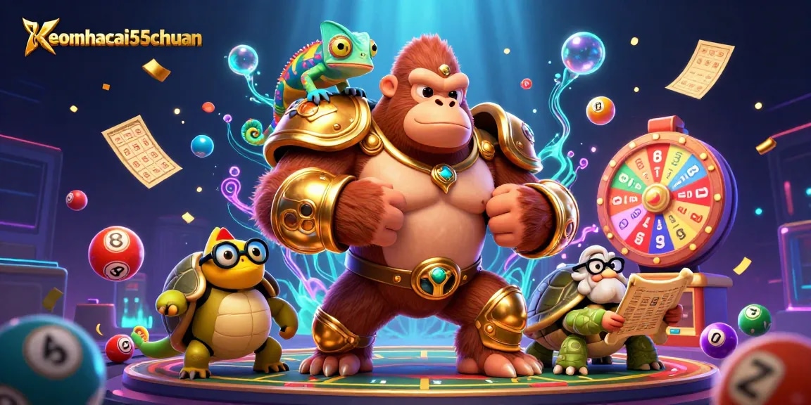 Engage with keonhacai55chuan showcasing action-packed lottery elements in vibrant 3D casino scene.