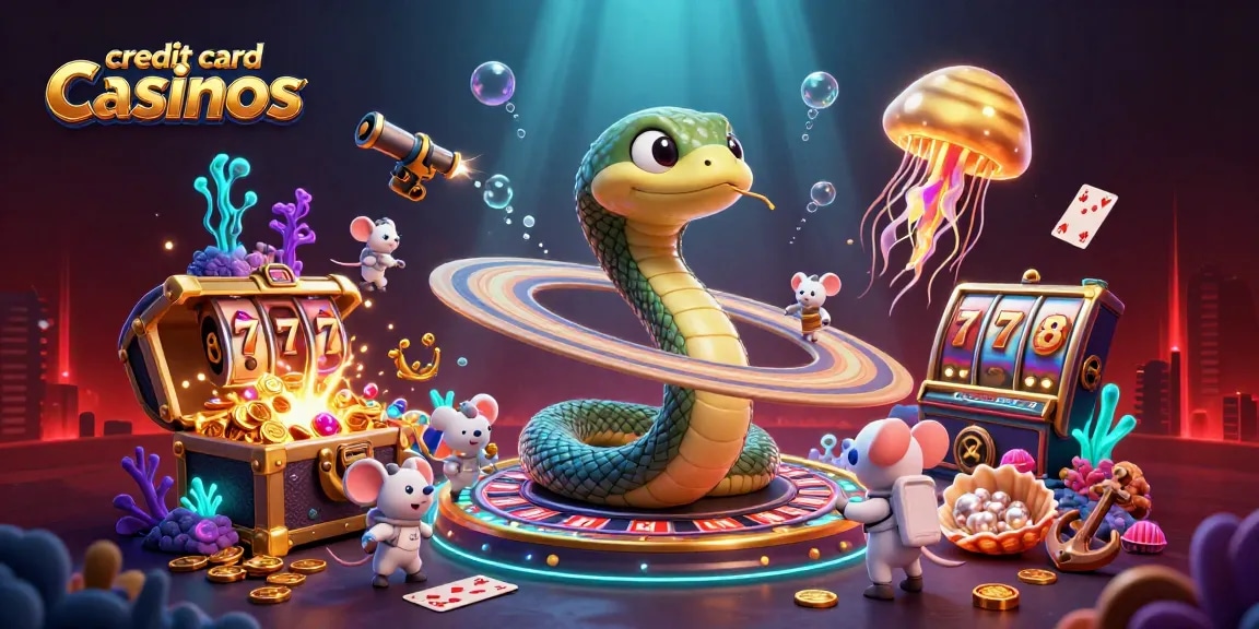 Engage with credit card casinos featuring vibrant characters and rich gaming elements in a magical scene.