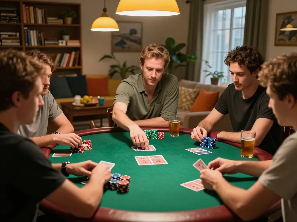 7m poker players strategizing around an upscale home table during an exciting game night