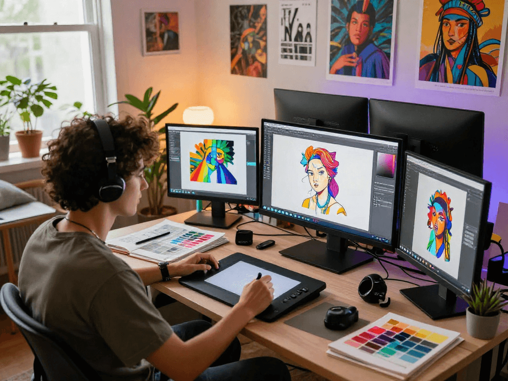 NSFW digital art creation scene with artist using tablet and vibrant colors.