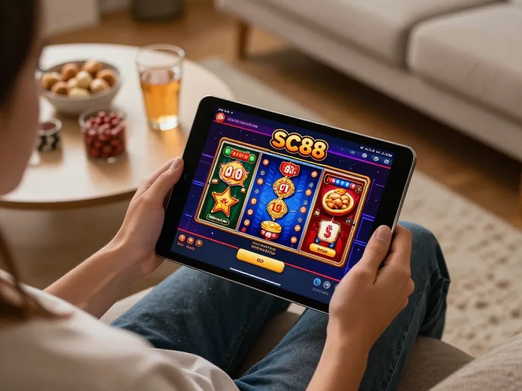 Player engaging with the SC88 casino app for a lively online gambling experience at home
