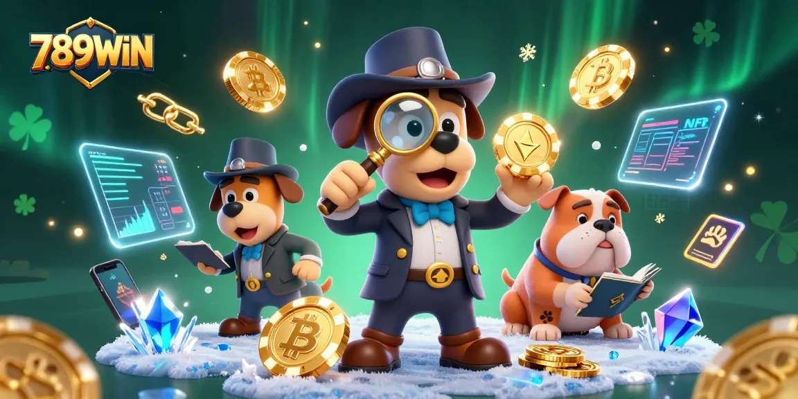 Engage with 789WIN's golden poker treasure hunt, led by a detective and bulldog amidst vibrant casino elements.