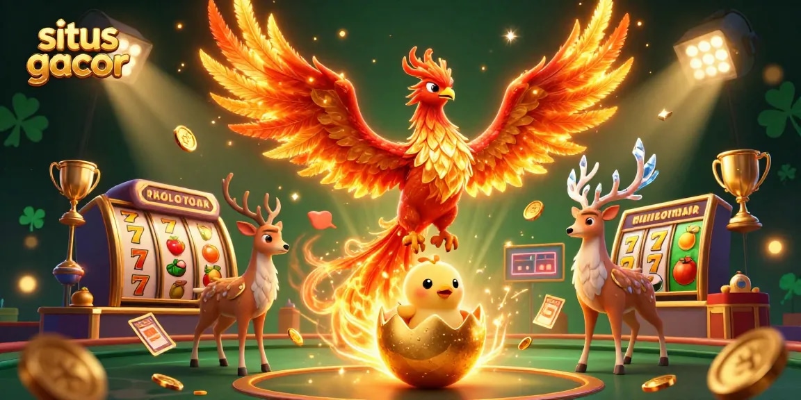 Experience situs gacor with a vibrant scene featuring a phoenix and casino elements flying amid golden coins and energy.
