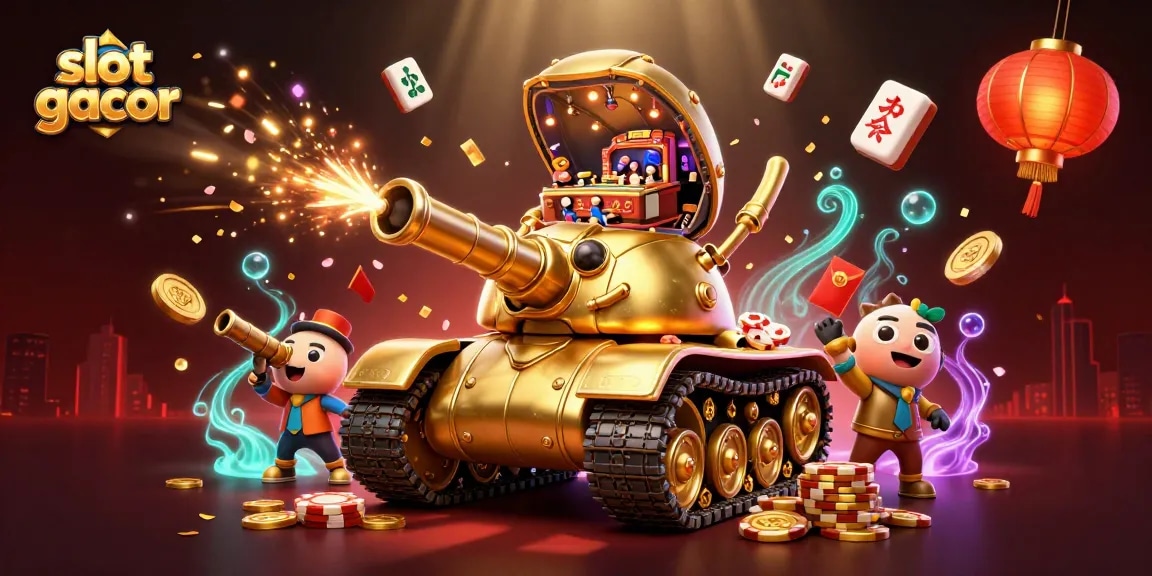 Engage in thrilling slot gacor action with a detailed casino illustration featuring a golden tank and fun gaming elements.