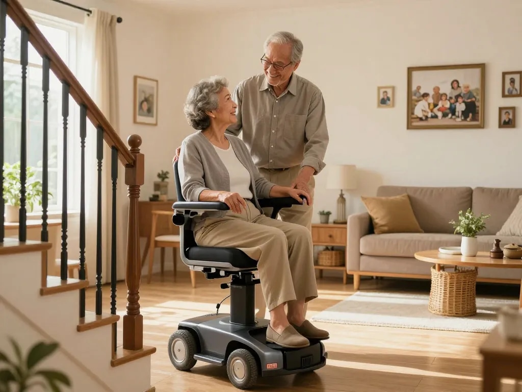 Couple using a stairlift to enhance mobility and safety in their home environment.