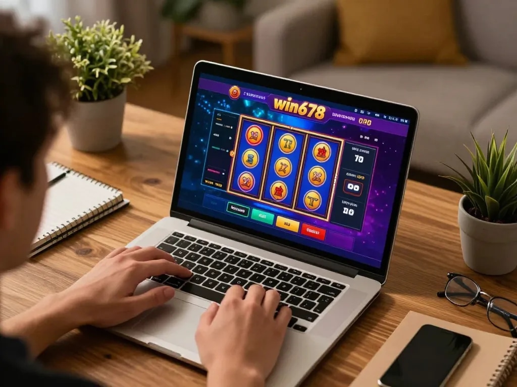 Player enjoying win678 online gaming session on laptop, surrounded by personal touches and vibrant graphics.