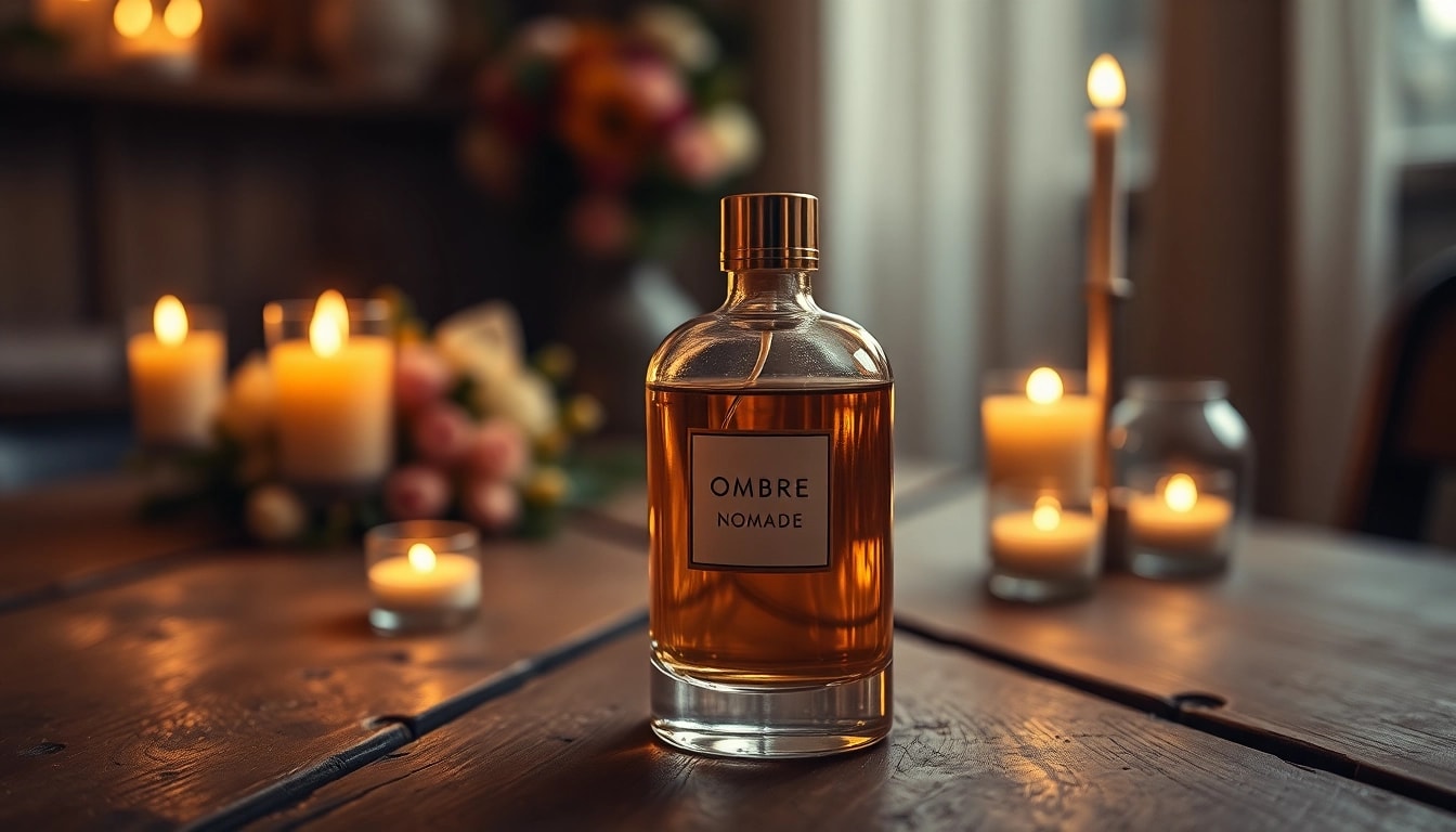 Showcasing the Ombre nomade fragrance in an elegant setting with warm lighting.