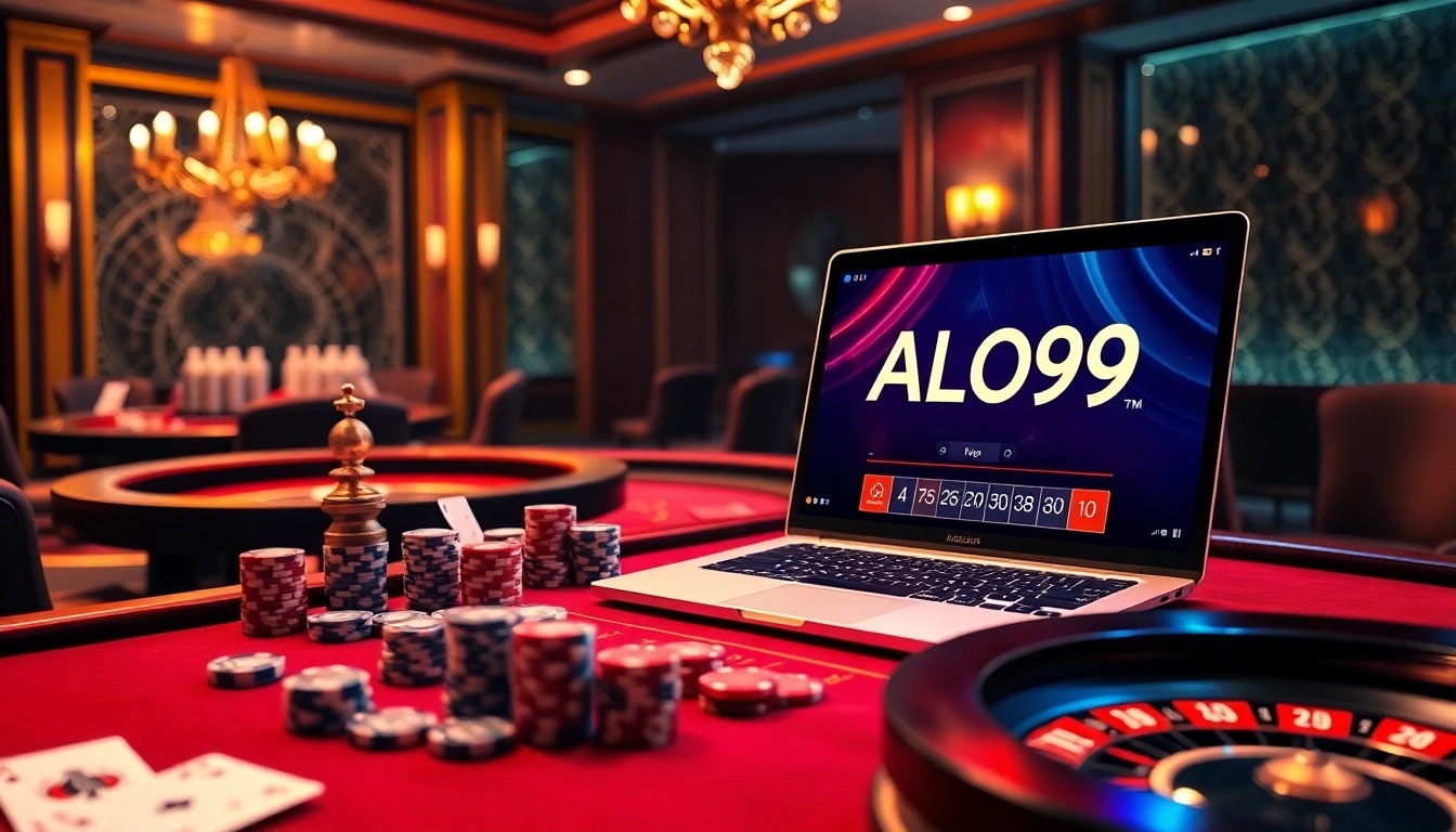 Alo789 online gambling scene with vibrant gaming elements and a luxurious atmosphere
