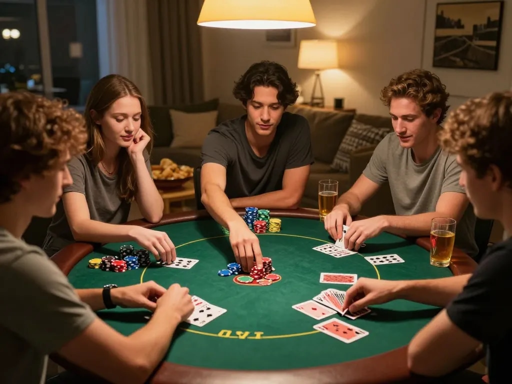 Friends evaluate their hands in a lively home poker game, highlighting TR88 strategies.
