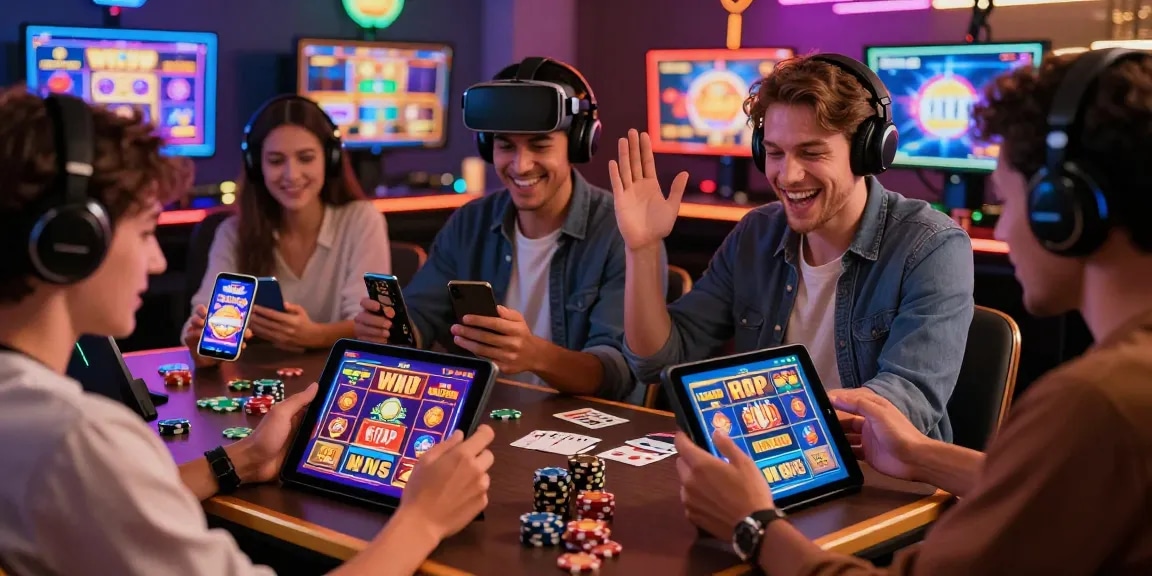 Players enjoying new online slot sites on smartphones, celebrating with vibrant casino elements.