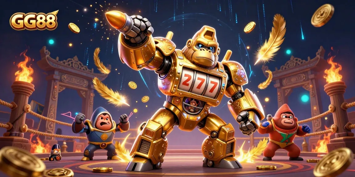 Experience GG88's vibrant gaming universe with a golden gorilla mech and dynamic casino elements.