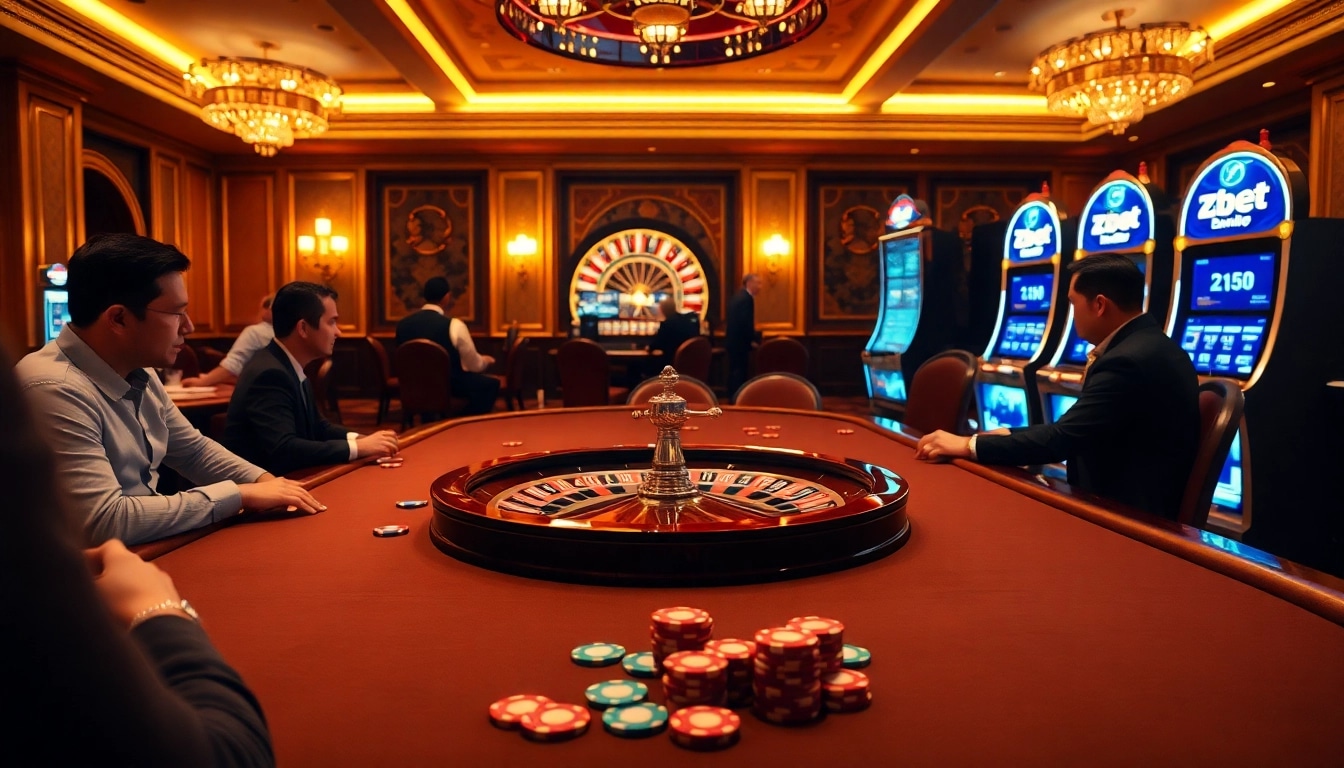 Players enjoying the excitement of Zbet casino games at a vibrant gambling table.
