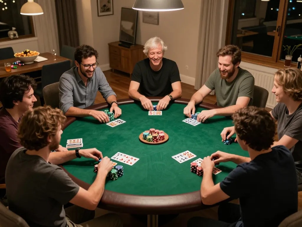 Players enjoying a game bài đổi thưởng poker night around a table with chips and cards