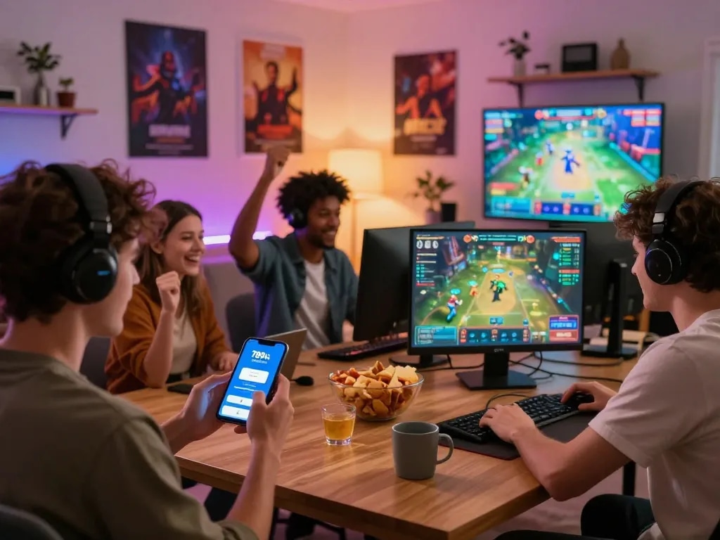 Players enjoying the 789club gaming platform in a vibrant home setting, showcasing app download and gameplay excitement.