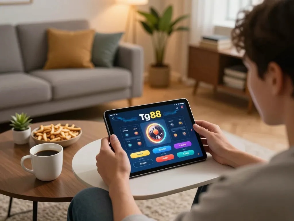 Player engaging with the tg88 casino app on a stylish tablet, enjoying a home gaming session.