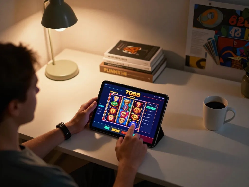 Player enjoying TG88 online casino gameplay with a tablet in a cozy home setting