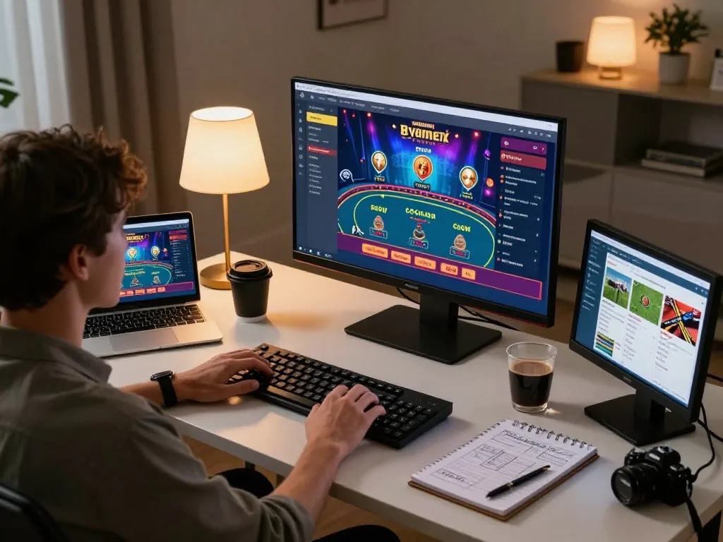 Player strategizing on 789win1 while engaging in online casino games at home, showcasing modern gaming setup.