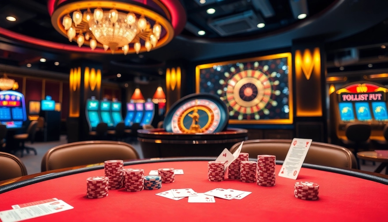 Engaging scene showcasing Trang chủ U888 with a stylish poker table and roulette wheel in a luxurious casino setting.