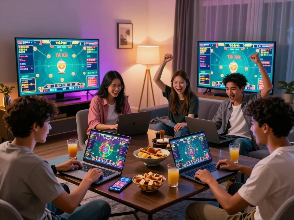 Exciting tài xỉu online gaming session with diverse players enjoying in a vibrant living room.