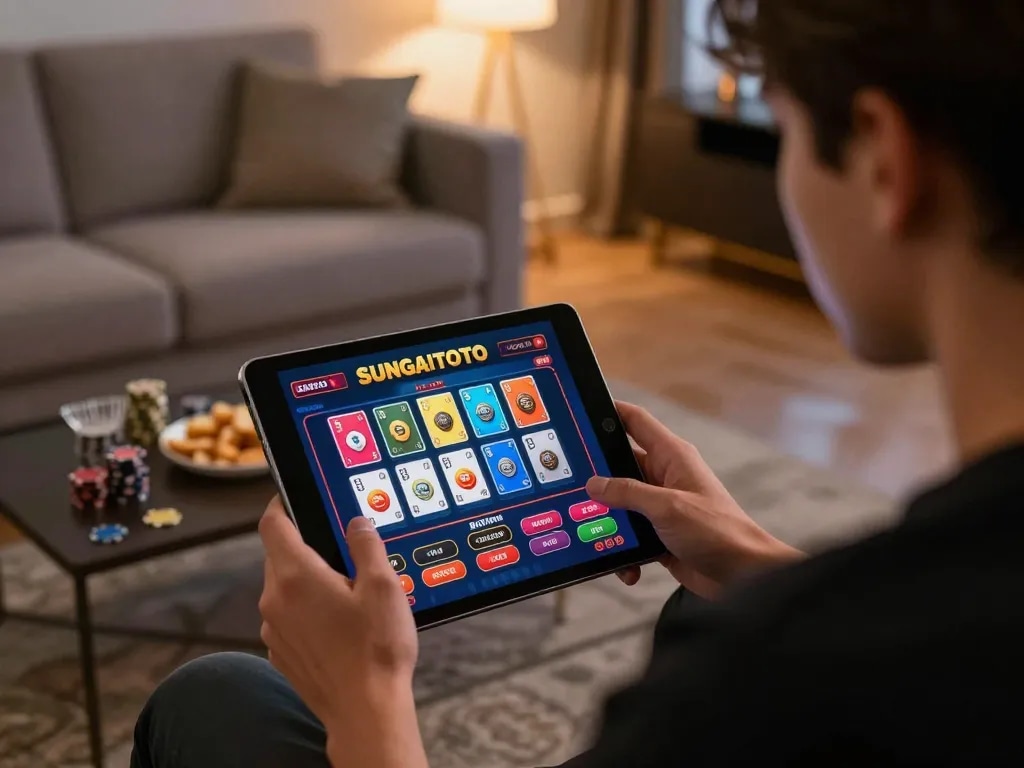 sungaitoto login showcased at home gaming setup with vibrant casino interface on tablet