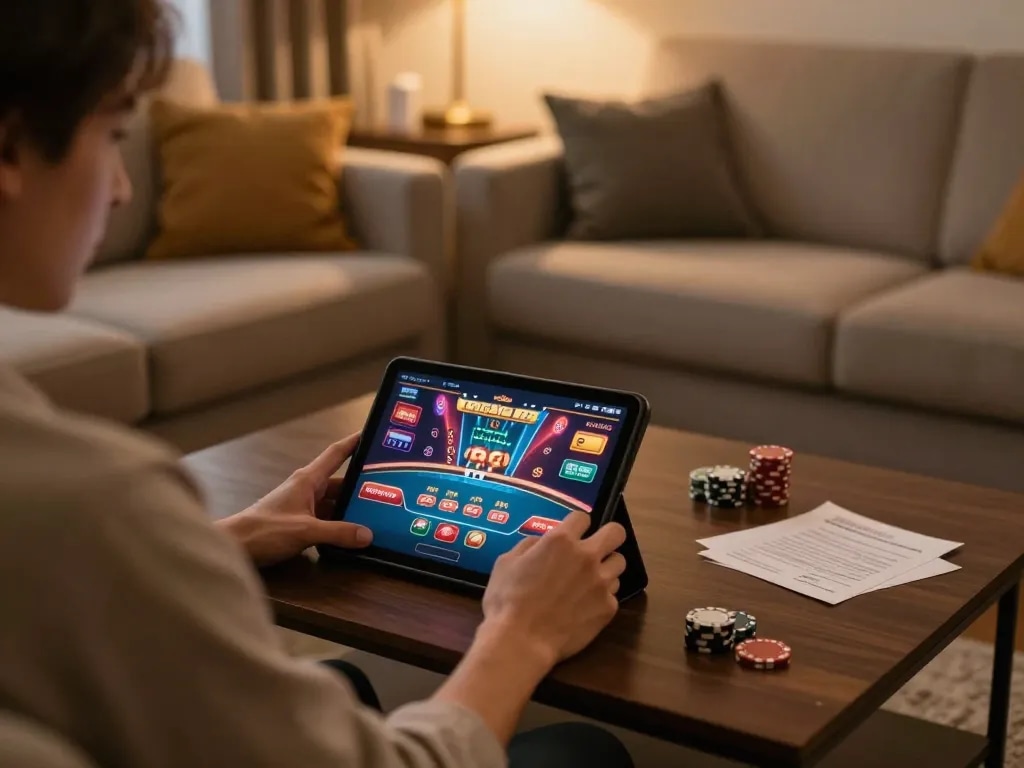 Engaging in online poker gameplay with 555WIN on a tablet in a cozy home setting.