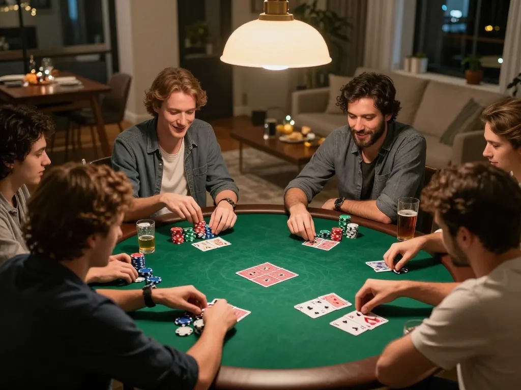 Friends enjoying a lively poker night at home, showcasing strategic gameplay and camaraderie in a cozy setting as they engage with sh bet tactics.