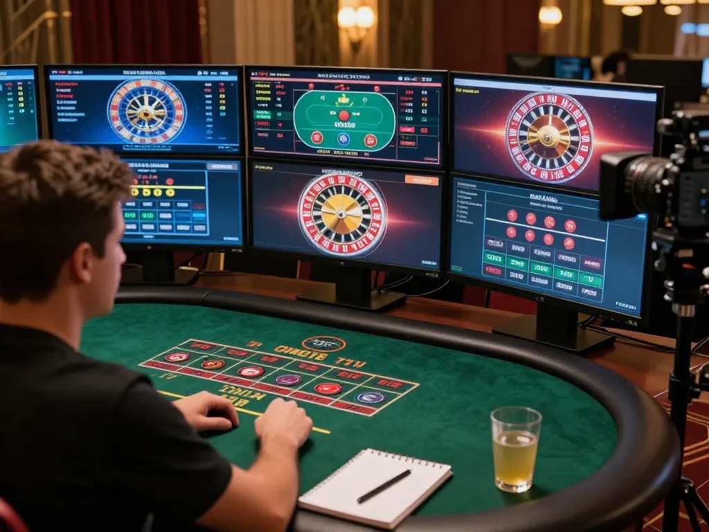 Player engaging with 13win online casino on multiple screens, analyzing bets and strategies.