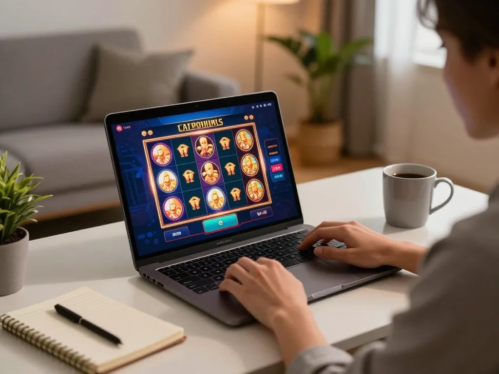 Engaging in exciting online casino gameplay at home with go8 on the laptop.