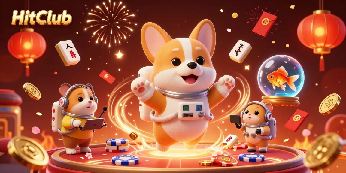 Experience the excitement of HitClub with a floating casino scene featuring an astronaut corgi and whimsical characters.