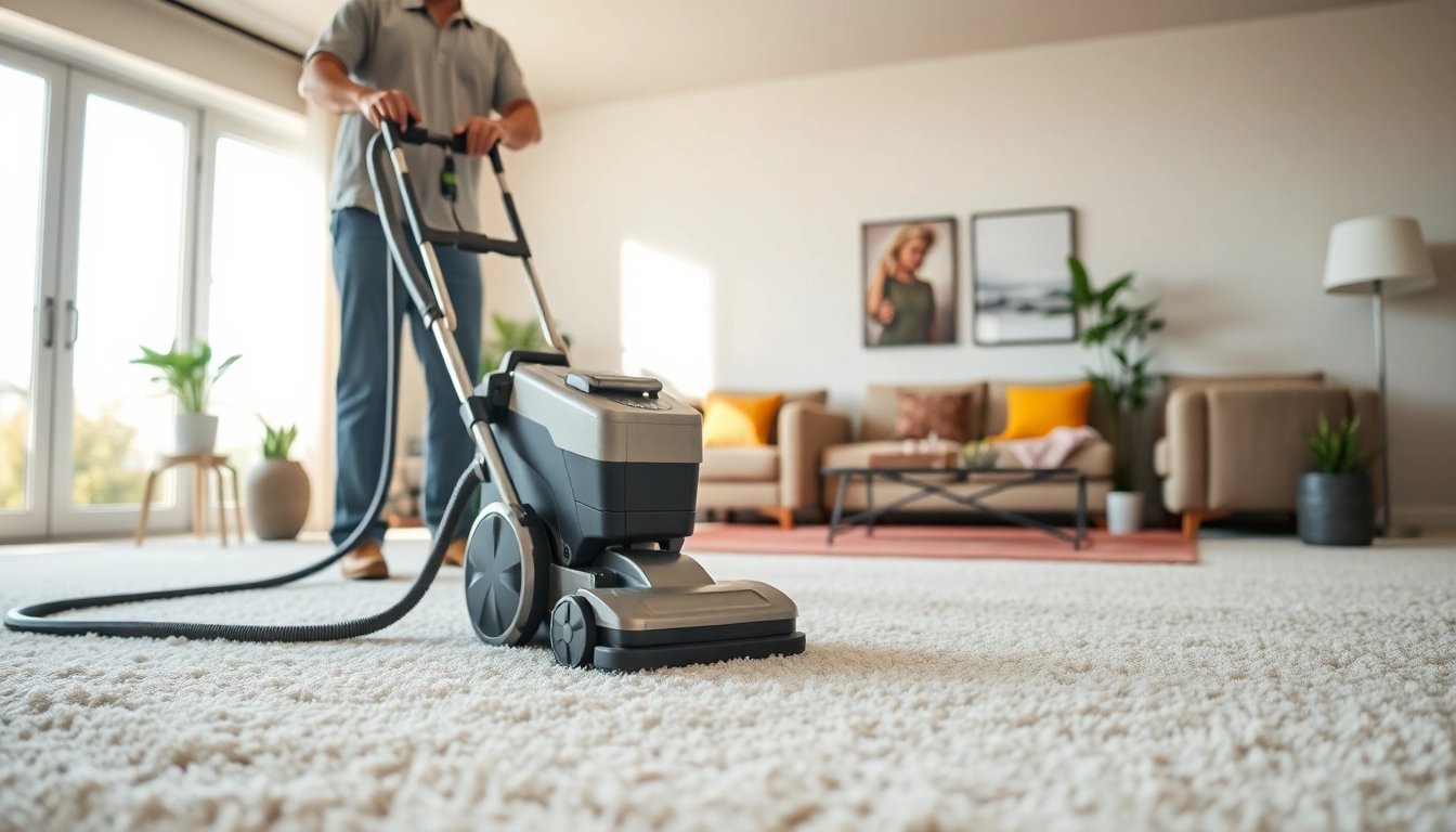 Professional carpet cleaning with a technician revitalizing plush carpets in a bright living room.