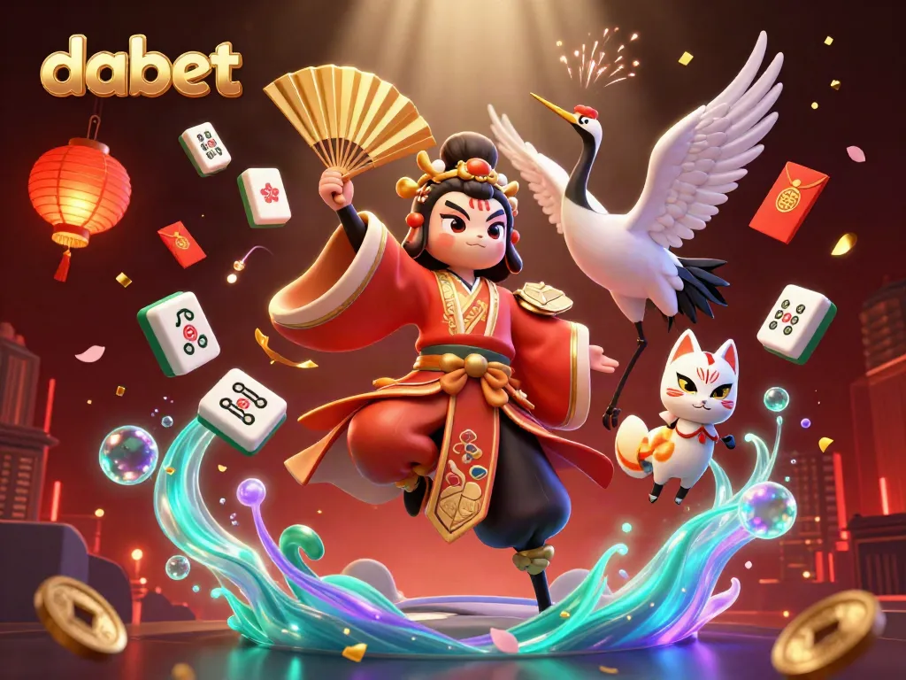 Dabet offers an exciting game scene with 3D kabuki warriors, vibrant lanterns, and floating mahjong tiles.