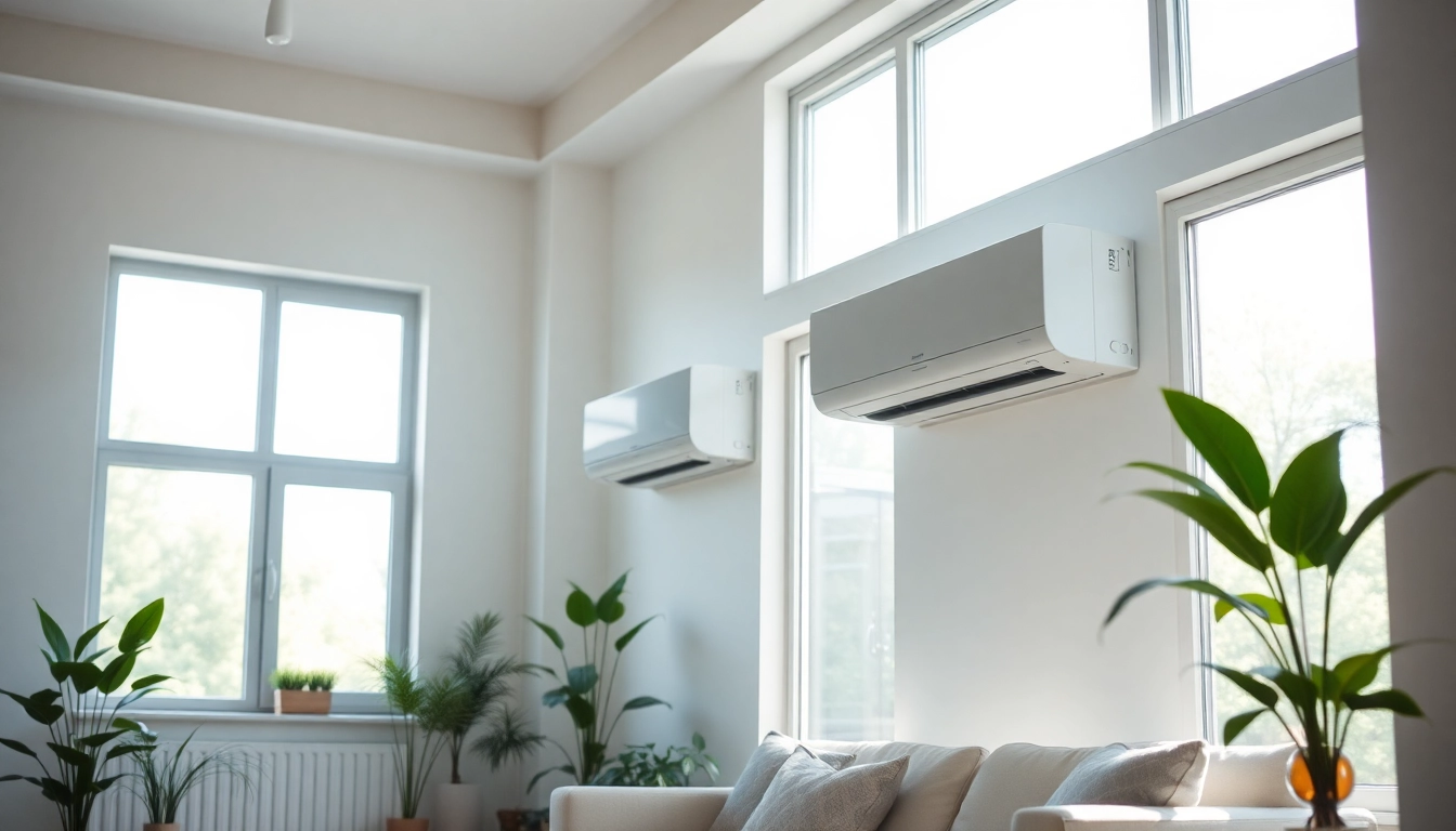 Install mini split ac units in a modern living room with bright decor and natural light.