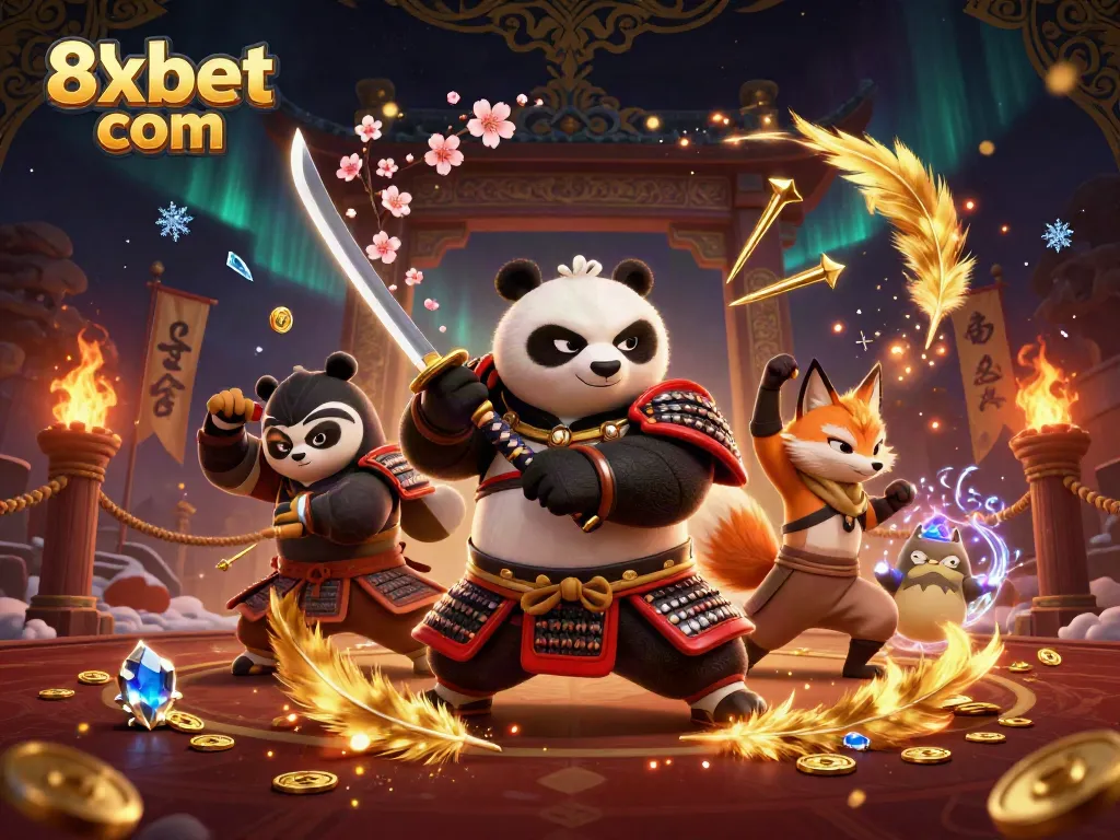 Engage in thrilling gameplay with 8xbet com featuring a dynamic scene of samurai and fantasy characters amidst casino elements.