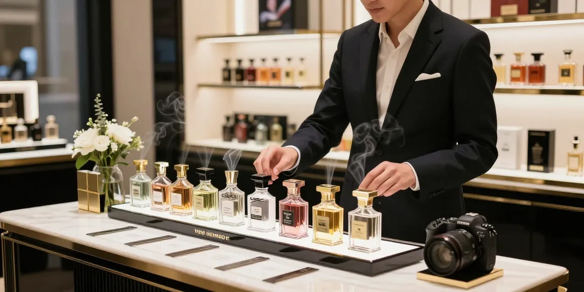Fragrance Trends showcased with luxury perfume samples and elegant displays in a sophisticated retail environment.