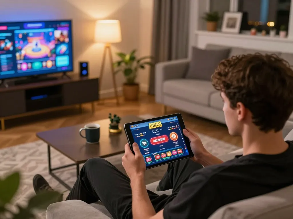 Person using tablet for AE888 LINK online casino gaming, showcasing responsible gambling practices.