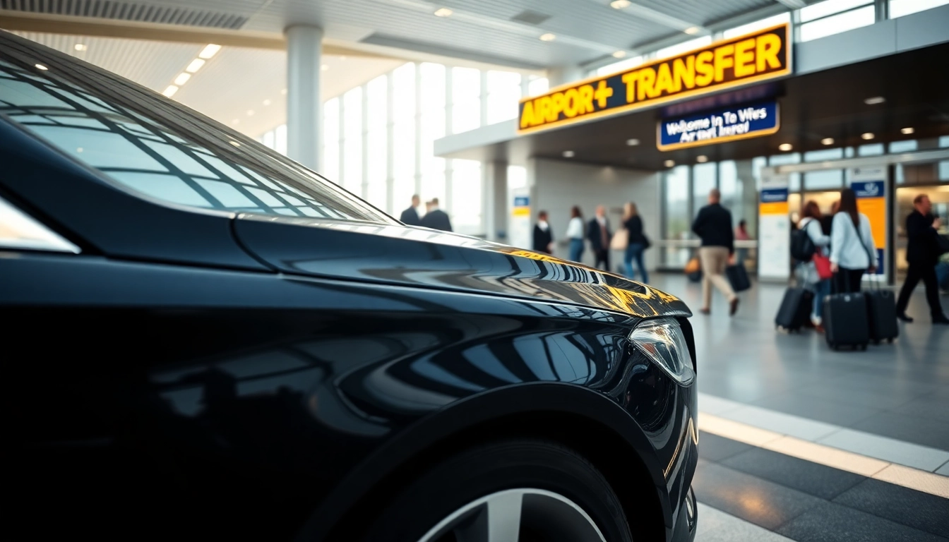 Airport Transfers luxury vehicle ready for passengers outside a busy terminal.