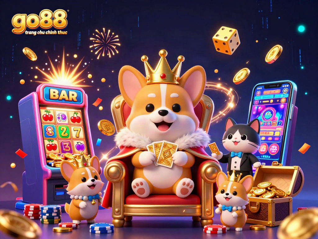 Experience the excitement of go88 trang chu chinh thuc with our royal corgi mascot amidst a jackpot explosion.