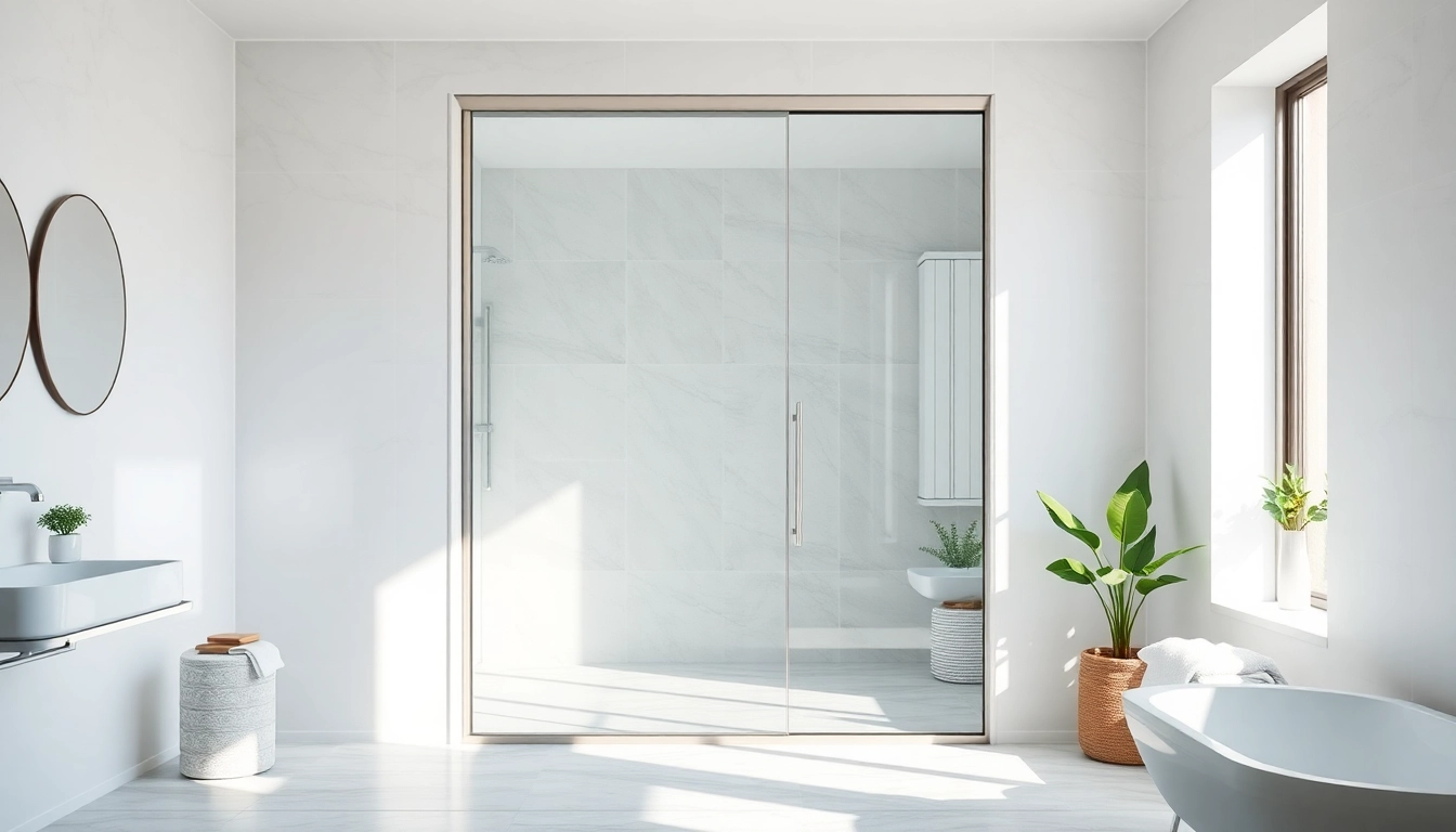 Show shower doors sliding in a bright, modern bathroom setting with elegant details.