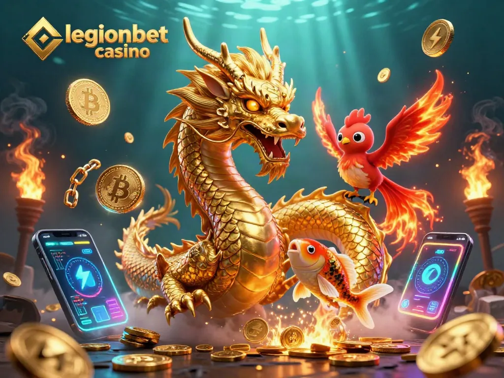 Experience the thrill at legionbet casino with a fierce dragon, phoenix, and koi amidst vibrant gaming elements.