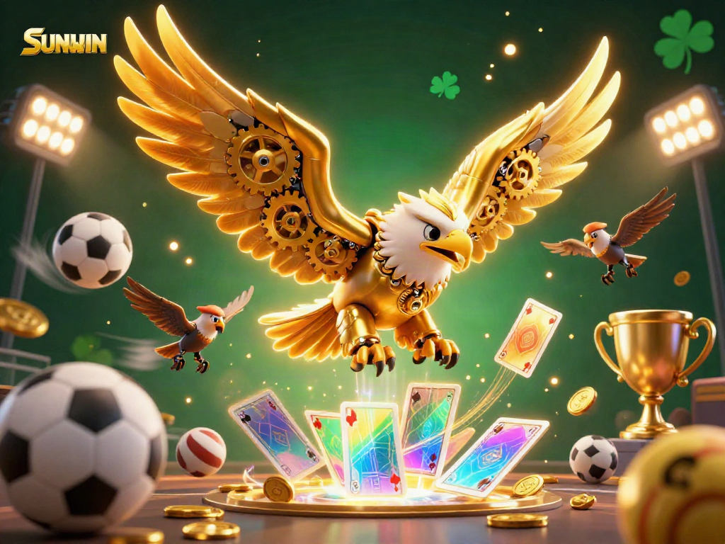 Experience the thrilling world of SUNWIN gaming with a dynamic 3D cartoon eagle and sports elements.