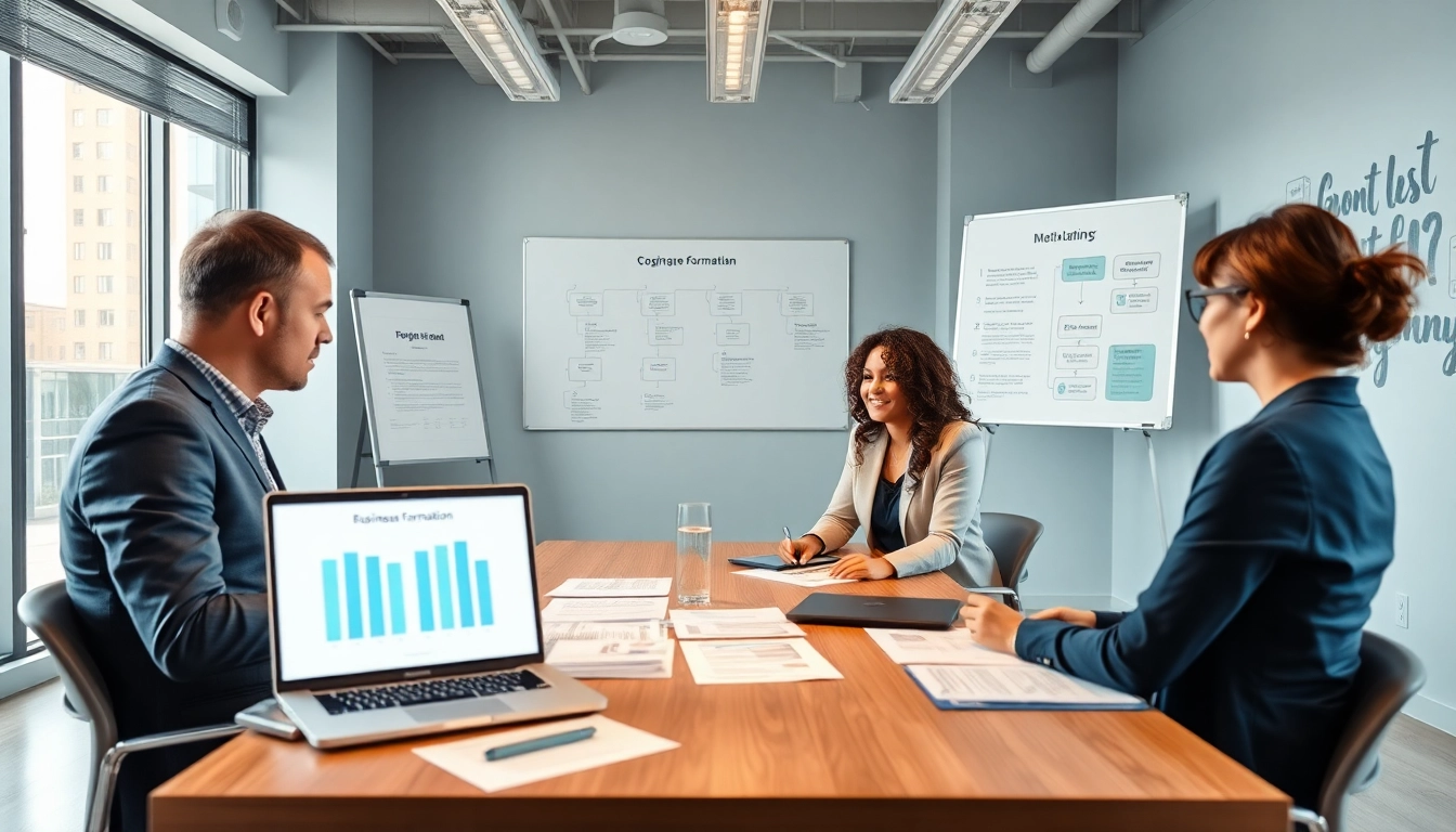 Business professionals discussing company formation in the US, showcasing the registration process in a modern office.