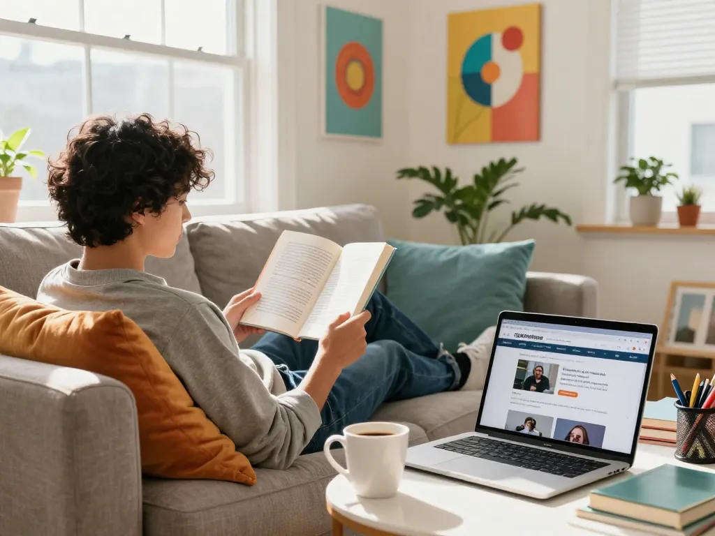 Engaging student housing blogs illustrated by a relaxed student reading in a colorful living space.