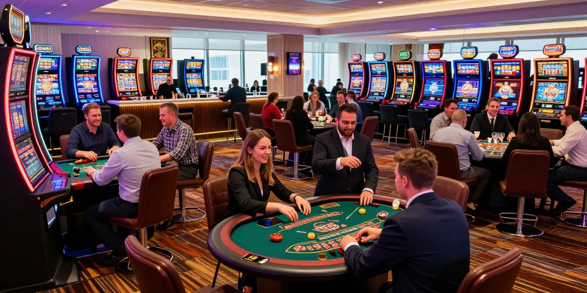 non UK casinos vibrant gaming floor with diverse players enjoying roulette and slots
