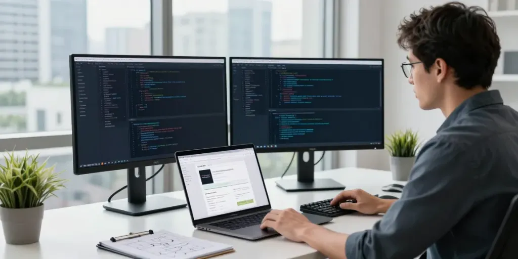 Developer analyzing code for instant indexing in a modern workspace