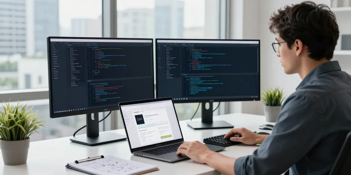 Developer analyzing code for instant indexing in a modern workspace